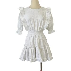 Misa Doutzen Paisley Eyelet Puff Sleeve Ruffle Mini Dress White L